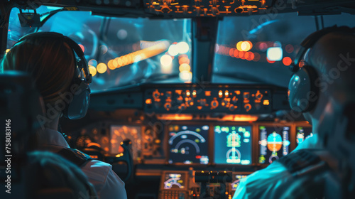 Two pilots are seen from behind as they operate the complex controls of a commercial airplane cockpit during a night flight photo