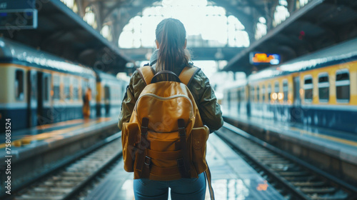 Happy young female tourist with a backpack stands on the platform of a modern train station waiting for the train. Back view. Single travel vacation and vacation concept. Copy space © Irina B