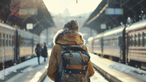Fototapeta Naklejka Na Ścianę i Meble -  Happy young female tourist with a backpack stands on the platform of a modern train station waiting for the train. Back view. Single travel vacation and vacation concept. Copy space