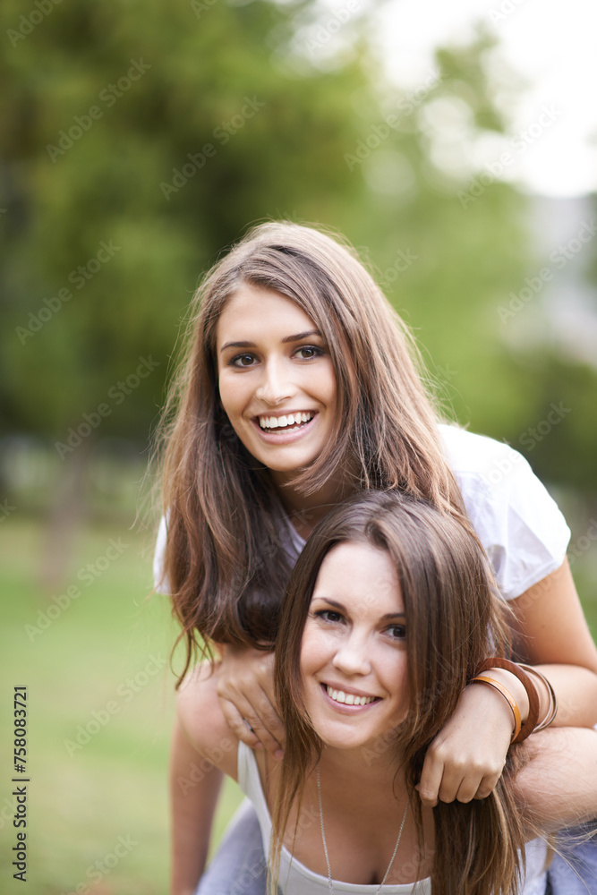 Portrait, happy and couple of friends with piggyback ride for bonding, adventure and summer vacation in outdoor. Smile, relax and woman carrying lady for fresh air, support and quality time together