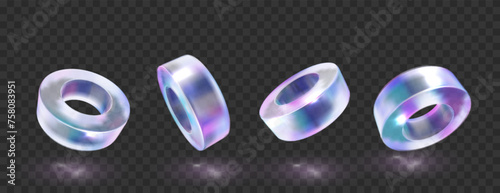 Crystal glass holographic ring in different angle view. Abstract geometric shapes with holographic gradient texture, crystal rainbow objects, graphic elements isolated on transparent black background.