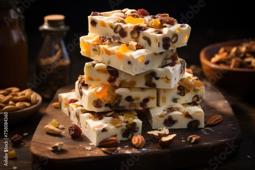 A stack of Italian torrone sits enticingly on a wooden board, adorned with almonds, pecans, and citrus, suggesting a feast of flavors.