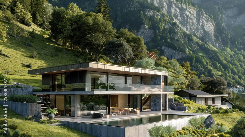 A modern yet natural house in a mountain side, lots of vegetation 