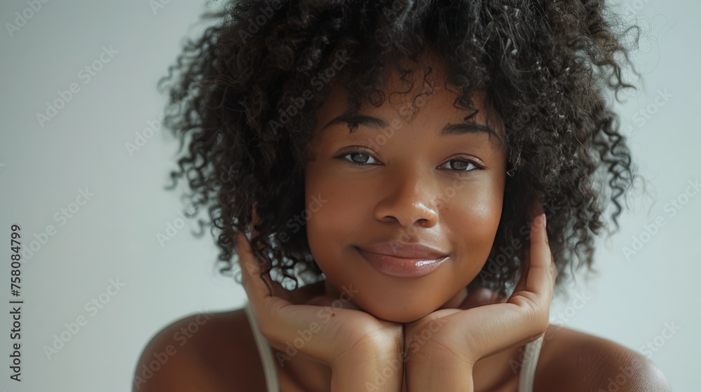 Beautiful black woman with curly hair, happy and smiling while touching her face against a white background. She is wearing . Young, trendy model posing for a beauty concept Beautiful black woman with curly hair, happy and smiling while touching her face against a white background. She is wearing . Young, trendy model posing for a beauty concept