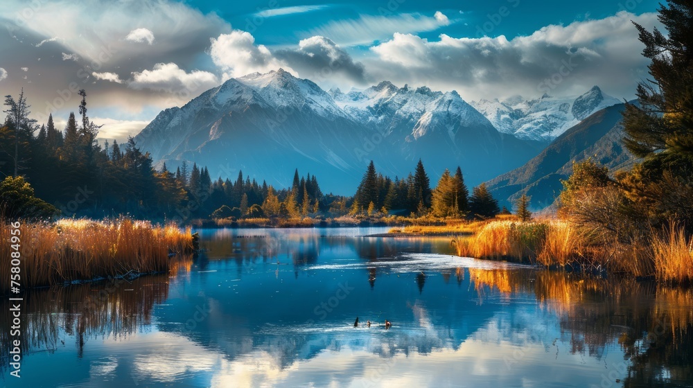 Fototapeta premium Lush new zealand landscape: majestic mountains and serene river scene