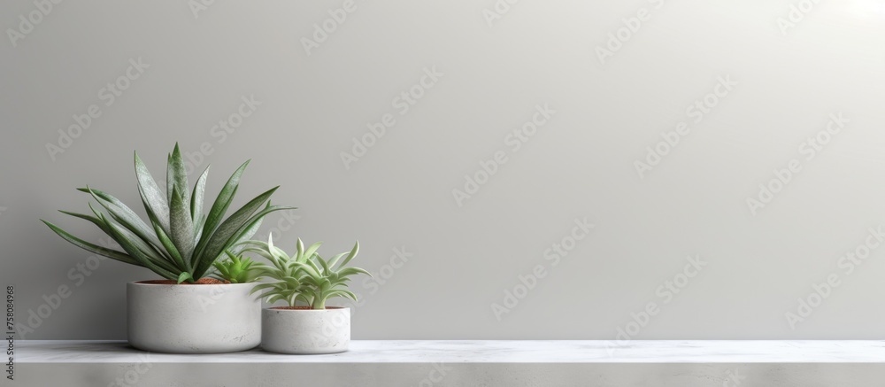 Succulent plant in concrete pot Contemporary room decor idea Blank backdrop Minimalist design.