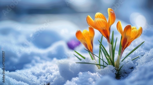  Crocus flowers blossom through snow: a celebration of renewal and new beginnings in winter landscape © Ashi