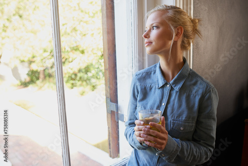 Εκτύπωση καμβά Thinking, calm and woman with tea in a house for peaceful, reflection or moment at home