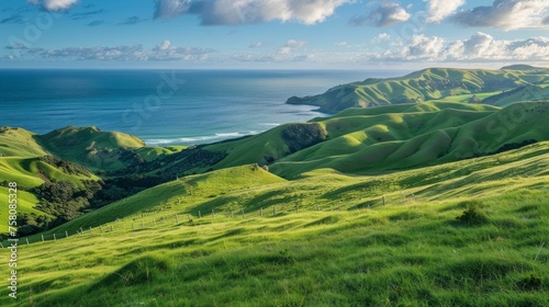 Dyllic coastal landscape: rolling green hills by the sea in dunedin, nz photo