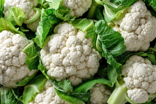 Fresh Cauliflower Heads With Green Leaves Close-Up at a Farmers Market