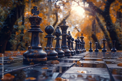 Ancient gods play chess with planets on a board that spans the cosmos 3D render