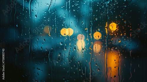 Night rain and water drop on window background