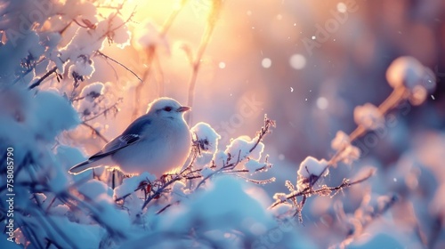 A small bird on a snow-covered branch in the woods in the pink sunset light. Winter background, nature wallpaper.