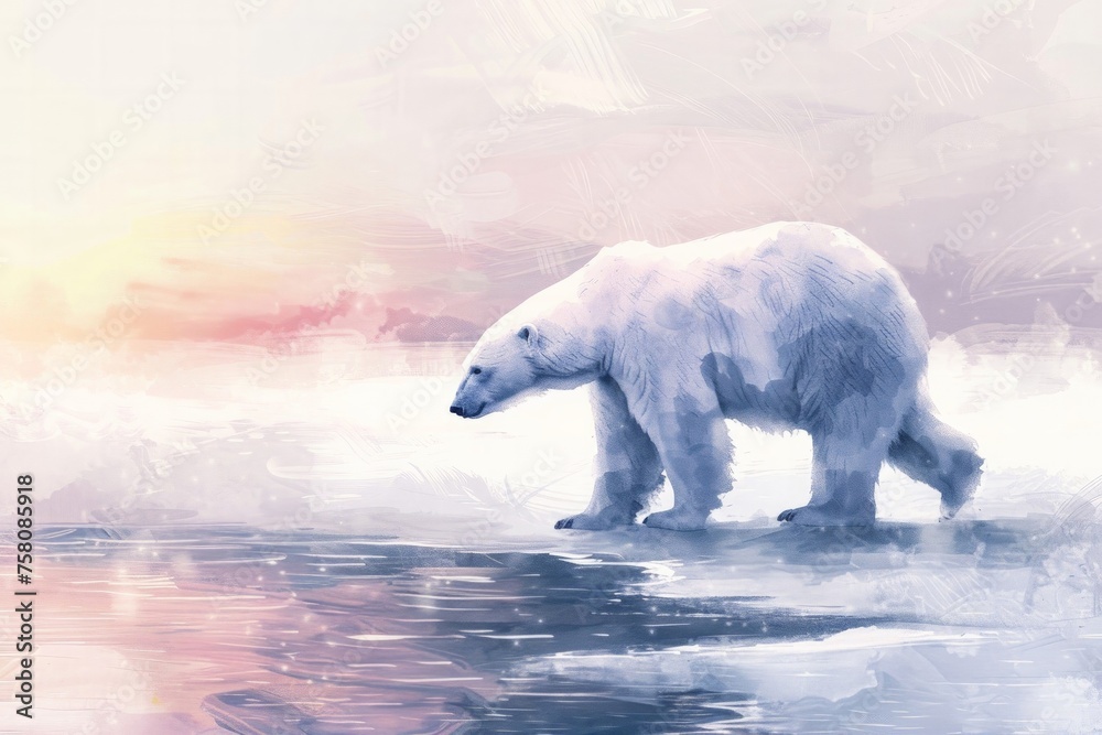 Hand-drawn pastel digital watercolour paint sketch A solitary polar bear navigates the shimmering Arctic tundra its silhouette stark against the pastel twilight sky creating ample space for text 