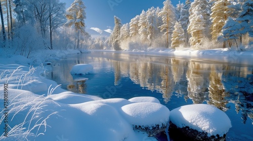 Lake in the winter forest on a bright sunny day. Winter background, nature wallpaper. © photolas