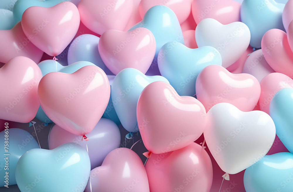 background made of smooth shiny inflatable hearts