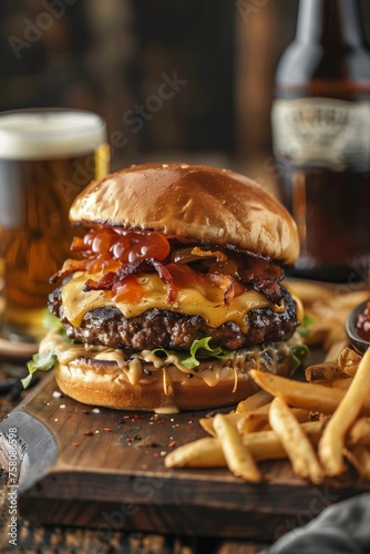 A modern rustic photo of a burger with onions, cheese and lettuce, served with fries and a draft beer.