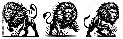 aggressive lion, ready to attack, dynamic leap with great force, black vector graphic