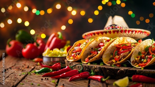 A festive sombrero chili pepper string lights and tantalizing tacos spread on a rustic wooden table evoking Cinco de Mayo spirit isolated on a gradient background watercolor 