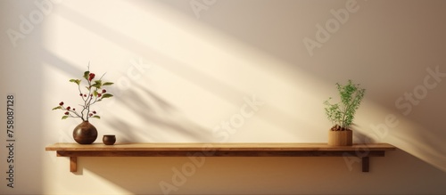 Empty wooden table and wall with shadow for your decor.