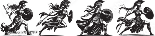 ancient Greek woman, Athena, guardian of Athens ready to attack, black vector graphic