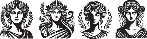 minimalist portrait of a Greek Goddess, ancient woman, black vector graphic