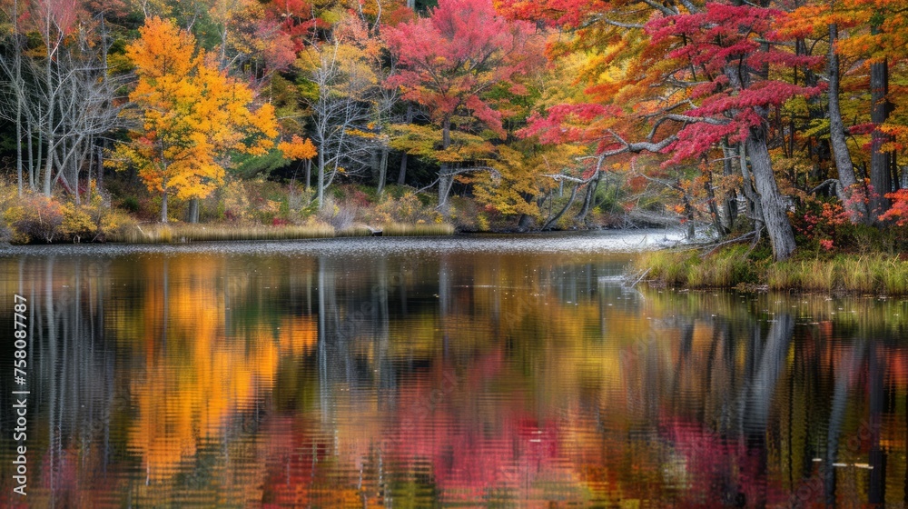 Vibrant autumn scene: reflective foliage in serene pond, new england