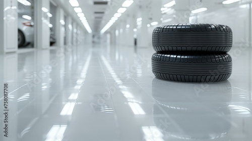 Car Tires in a Clean White Industrial Warehouse