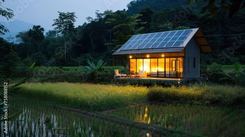 a tiny home with solar panels in the backyard, in the style of naturalistic