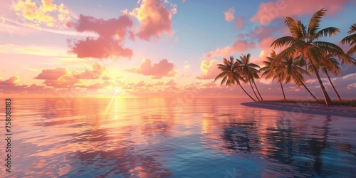 A breathtaking view of a tropical island beach at sunset, with palm trees lining the shore, the calm sea reflecting the stunning hues of the sky, and the atmosphere filled with a sense of peace and tr