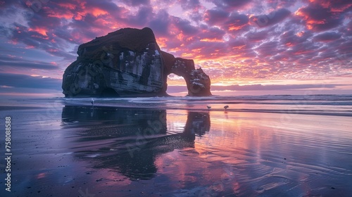 Golden hour glow: majestic elephant rock silhouetted against wharariki beach's stunning sunset, new zealand