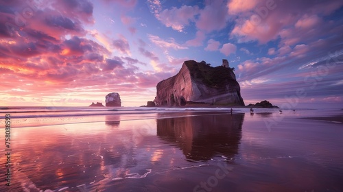 Golden hour glow: majestic elephant rock silhouetted against wharariki beach's stunning sunset, new zealand photo