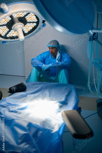 Bild auf Leinwand Tensed surgeon man sitting on floor in operating room