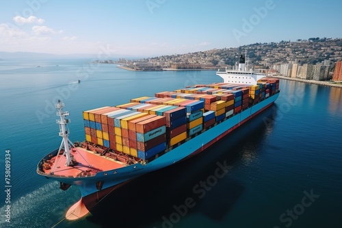 Aerial view of a cargo ship with vibrant containers sailing in the colorful ocean waters