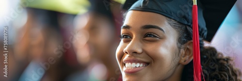 Close-up of a smiling African American graduate, a moment of joy and accomplishment photo