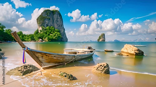 wooden boats are on the shore with a beautiful view of the sky photo