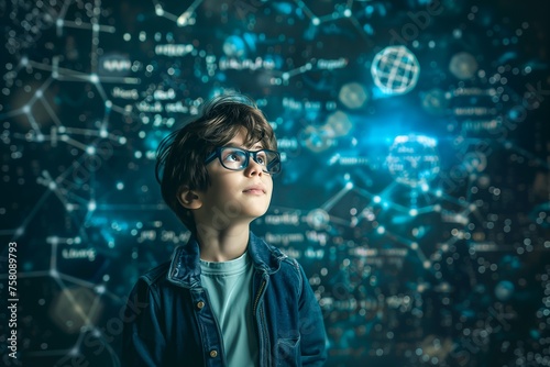 Smart Kid boy on digital background social media and network connection. Concept of future opportunities and education
