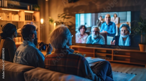 cinematic shot of person giving online seminar on television, a group of seniors are watching  © Thuch