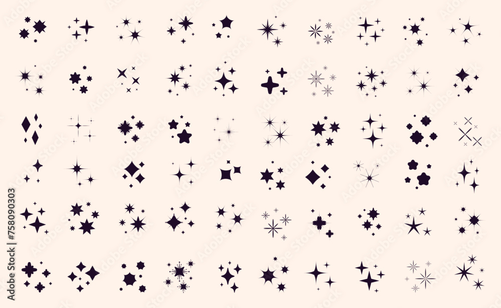 Sparkle star icons set. Stars and magic lights sparkles black silhouette set. Magic shine effect, starburst collection