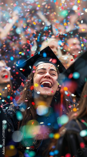 Graduate laughing amidst a burst of confetti, capturing the spirit of graduation day
