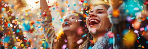 woman Friends joyfully celebrating with colorful confetti