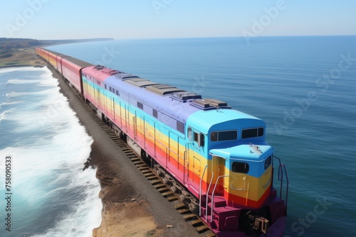 Rainbow color Cargo train carries carriages, railway along the sea coast, top aerial view