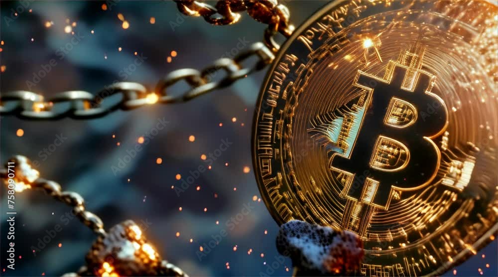 Bitcoin breaking free from chains, symbolizing the disruptive and emancipatory influence of cryptocurrency in the modern digital era.