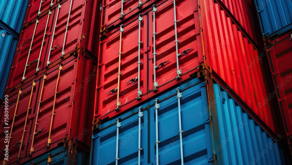 Fototapeta premium Red and Blue Stacked Shipping Containers in Port