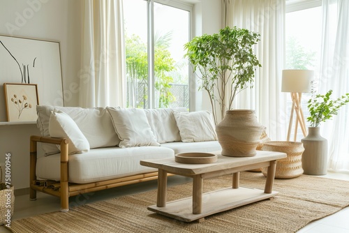 Minimalist White and Beige Living Room with Natural Wood Furniture and Plants