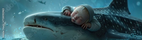A peaceful scene of a baby napping soundly on the back of a docile shark photo