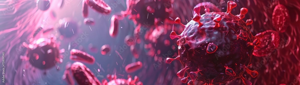 An artistic interpretation of the pandemic consequences of a red virus outbreak through a microscope view of the bloodstream. 3D render - obrazy, fototapety, plakaty 