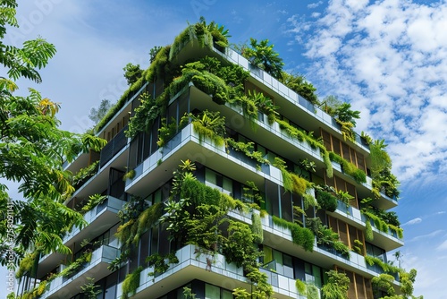 Nature-inspired facade with vibrant flora and blue sky