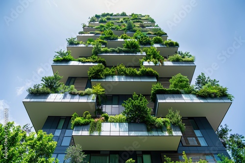 Eco-friendly green building with lush plant-covered balconies
