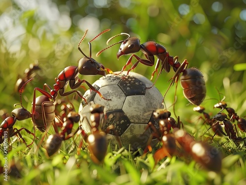 Ants forming a tight defense around the soccer ball photo